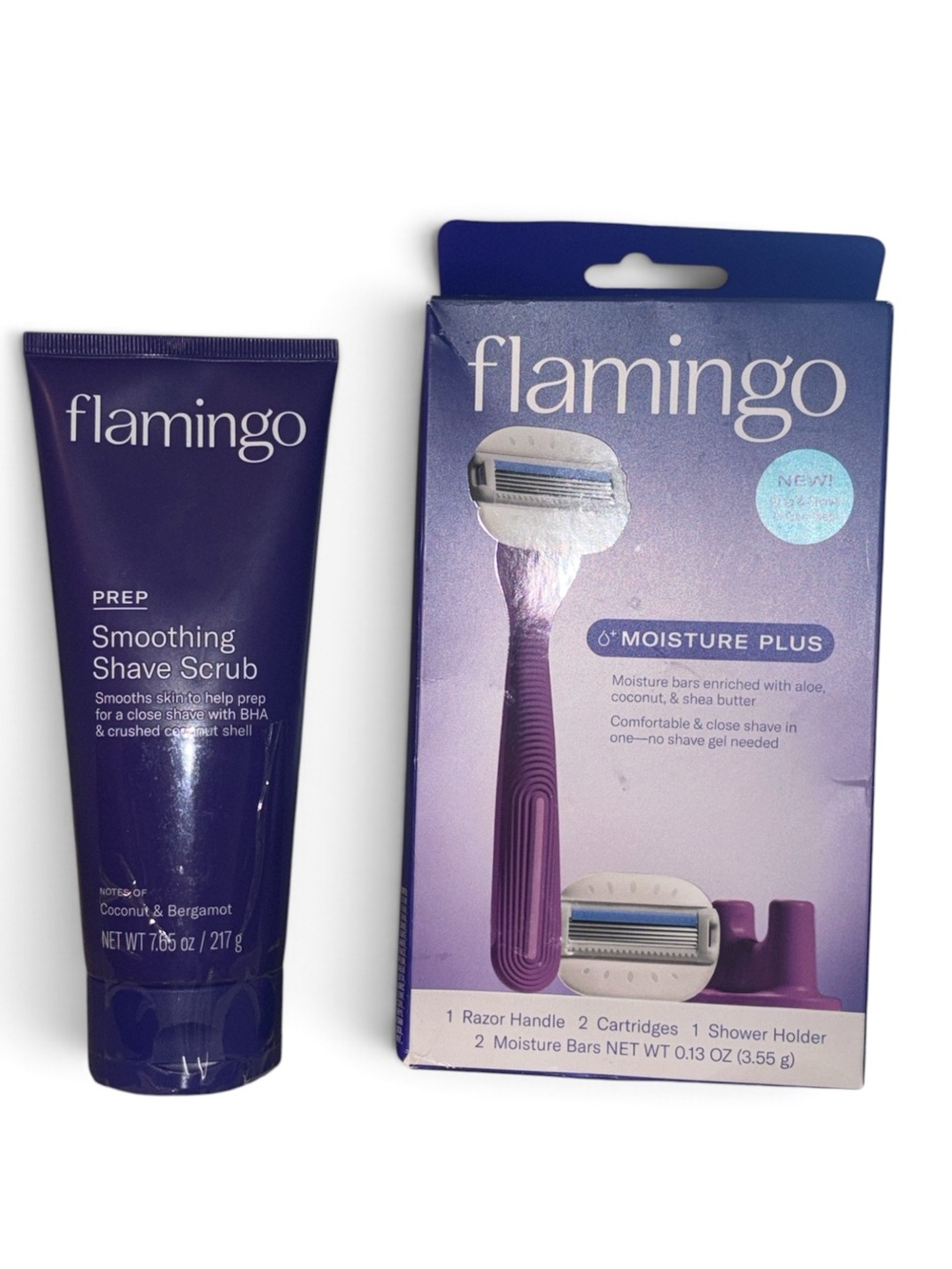 Flamingo Moisture Plus Razor Set + Smoothing Shave Scrub 7.65 oz NEW